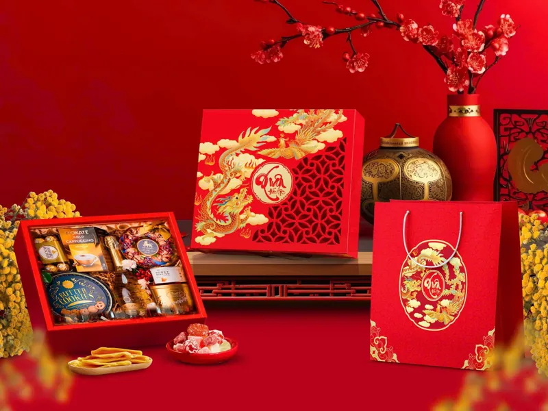 Hộp đựng quà Tết xuất khẩu set quà cao cấp phong cách Á Đông