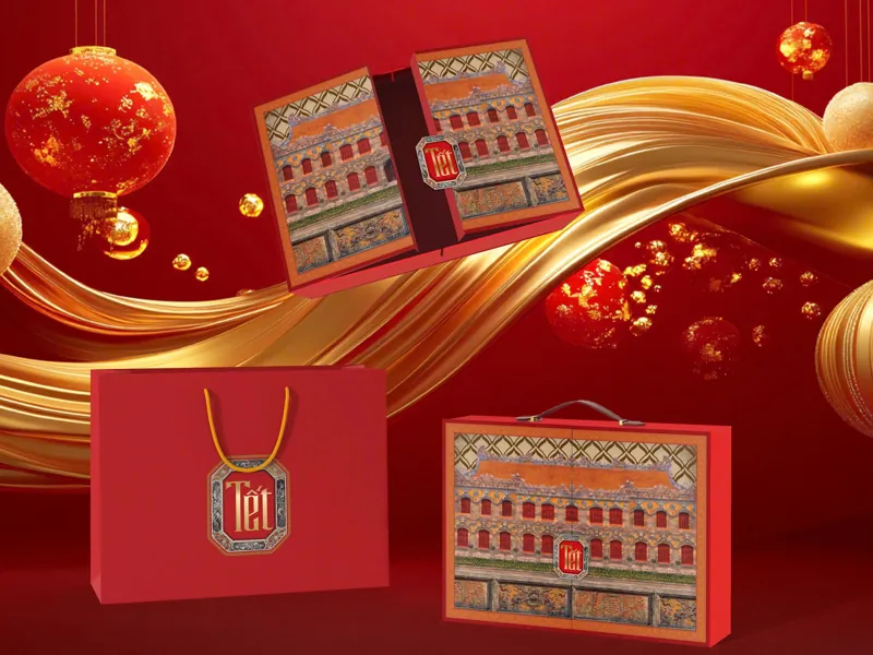 Tuyệt tác hộp đựng quà Tết vali gỗ phong cách cung đình