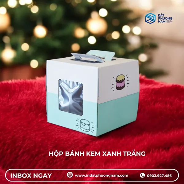 Hộp đựng bánh kem vuông xanh trắng tinh tế