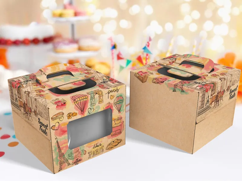 Hộp đựng bánh sinh nhật size lớn giấy Kraft họa tiết Paris và khinh khí cầu nghệ thuật