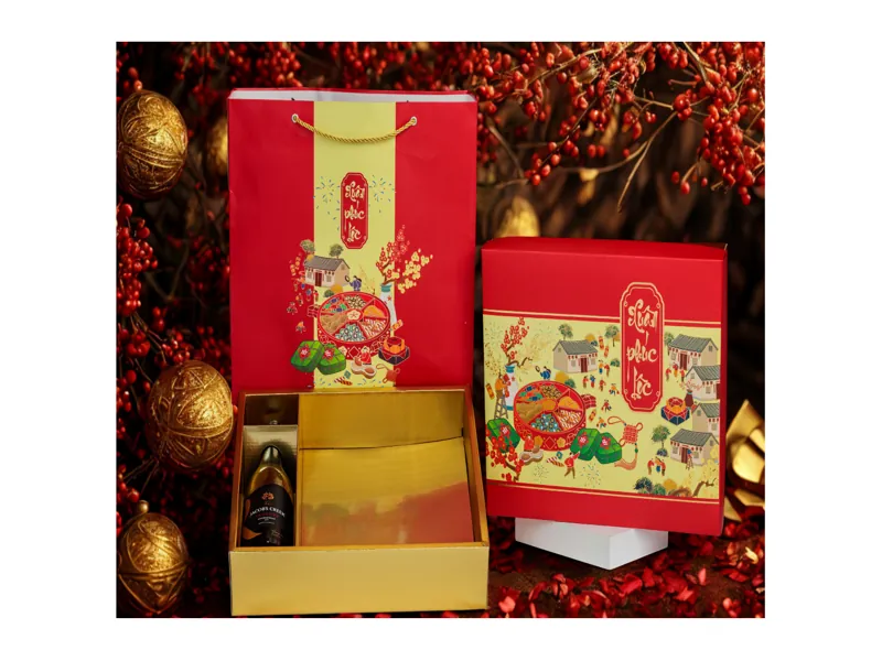 Hộp đựng quà Tết cho doanh nghiệp nhỏ lẻ 2026 set rượu vang và khay định hình cao cấp