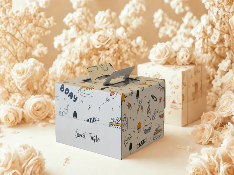 Hộp giấy đựng bánh kem màu trắng in hình vẽ nghệ thuật