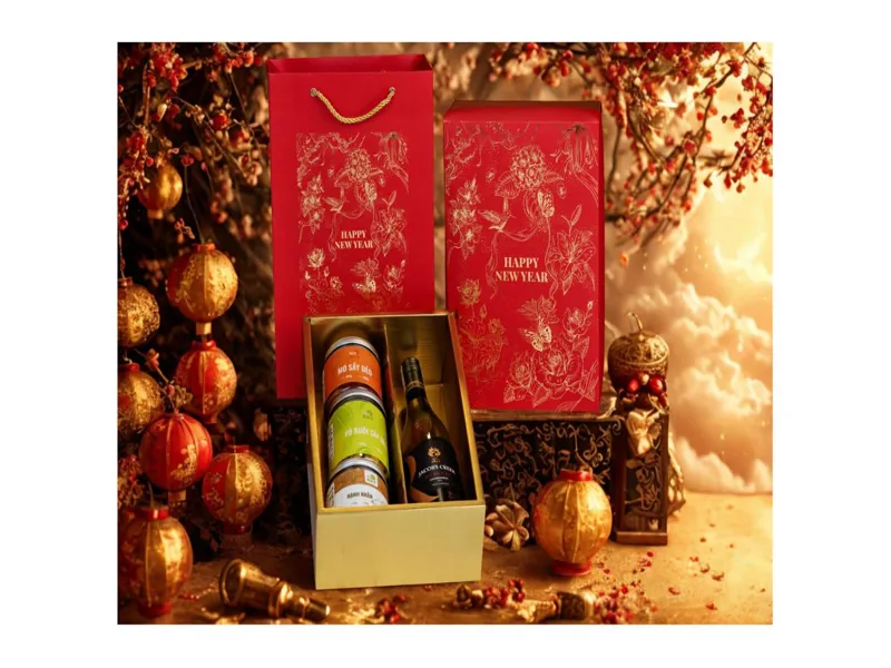 Hộp quà Tết 2026 màu đỏ ép kim vàng thắt nơ tinh tế, in logo theo yêu cầu