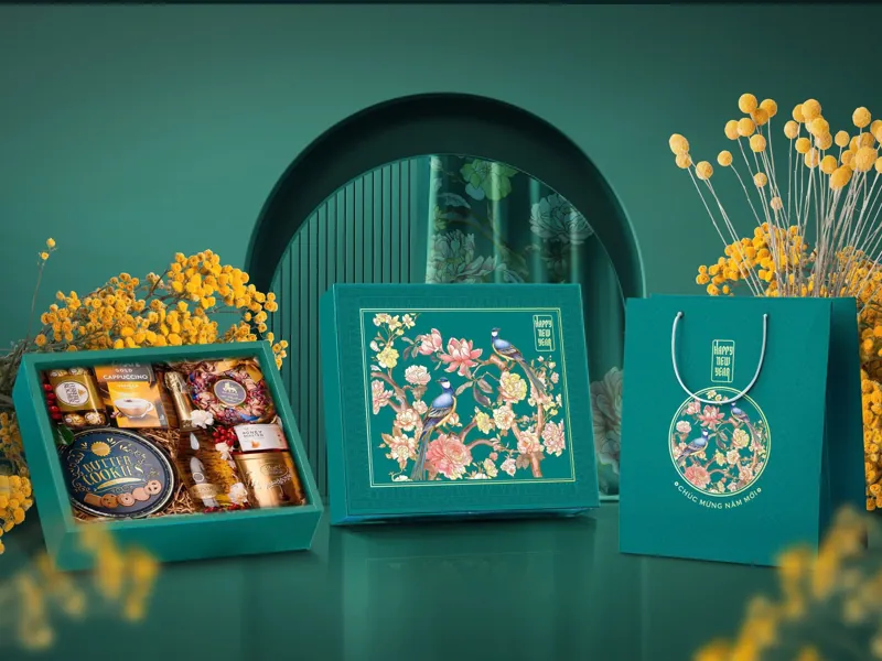 Mẫu hộp đựng quà Tết cao cấp dòng Vân Hoa màu xanh ngọc bích in logo theo yêu cầu tại TPHCM
