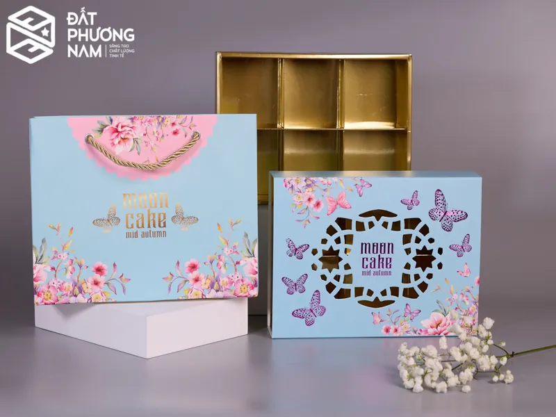 hộp đựng bánh trung thu cao cấp màu cam họa tiết hoa floral kèm túi giấy đồng bộ