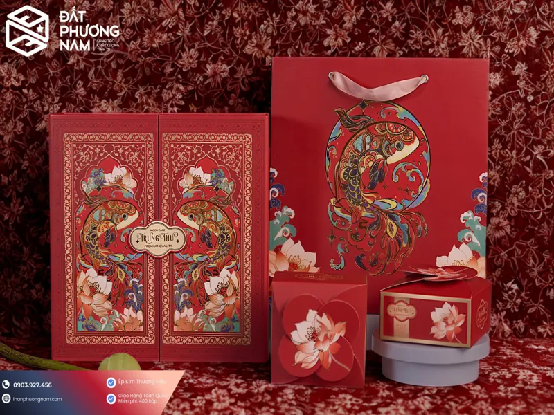 Bộ set hộp quà trung thu nam châm cao cấp bao gồm túi giấy và hộp con in hình cá chép hoa sen