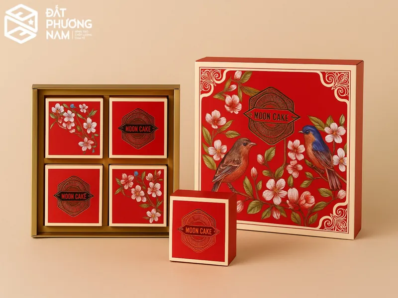 Cam kết sản xuất hộp trung thu tại xưởng mẫu đỏ họa tiết chim và hoa đào tinh tế