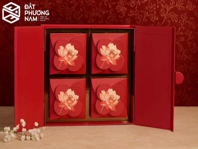 Chi tiết khay 4 bánh hộp bánh trung thu cánh bướm hoa sen