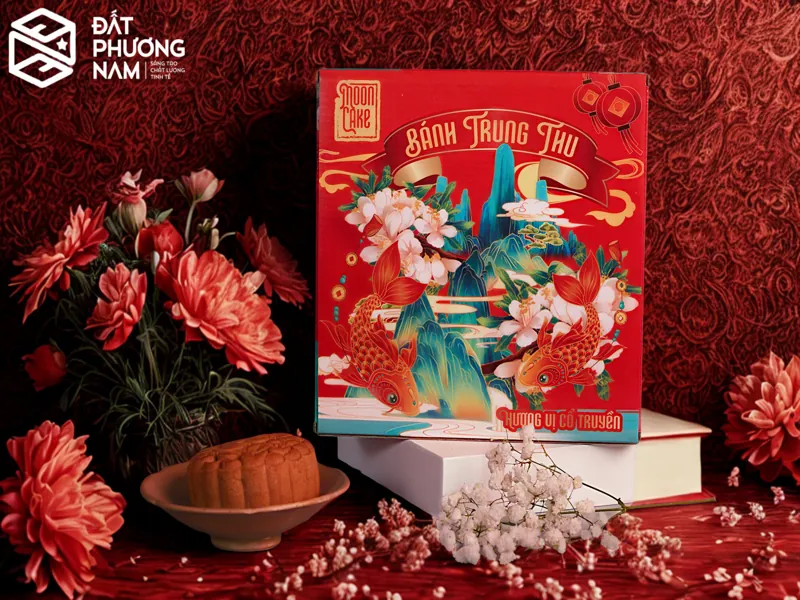 Giải pháp quà tặng hộp bánh trung thu đỏ cá chép hoa sen đậm chất cổ truyền