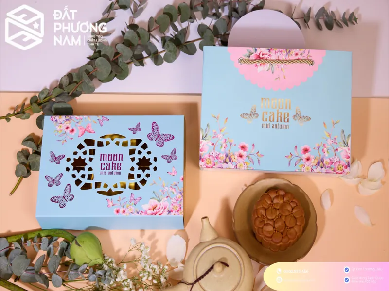 Giải pháp quà tặng hộp bánh trung thu xanh floral kèm túi giấy đồng bộ