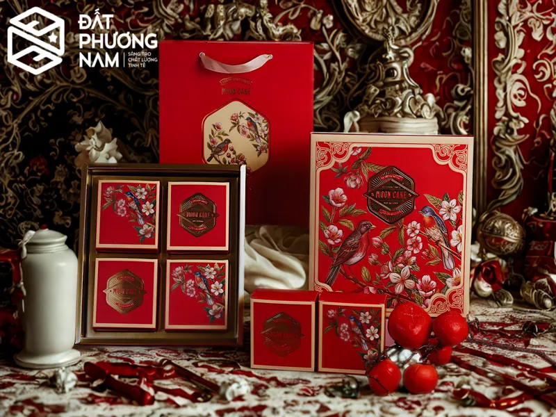 Hộp bánh Trung thu 4 bánh họa tiết chim hoa cổ điển