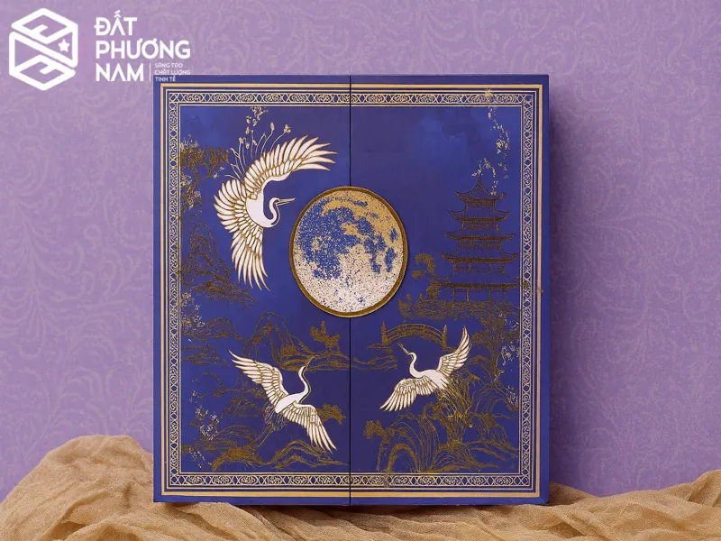 Hộp bánh trung thu cánh bướm màu xanh chim hạc cao cấp