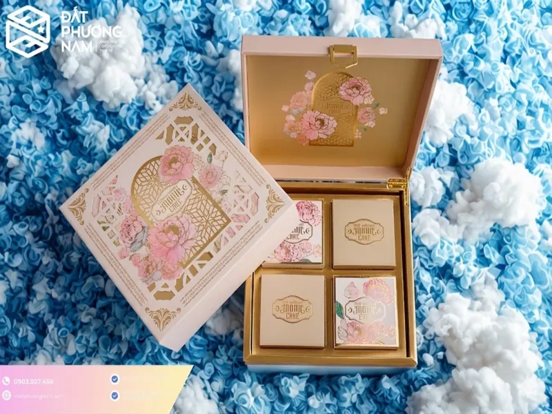 hộp bánh trung thu nắp gập màu be hoa hồng