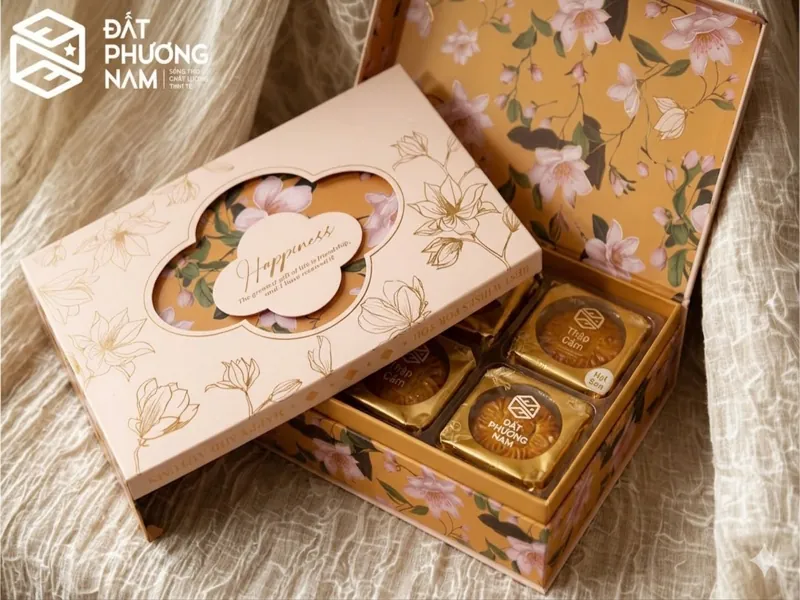 Hộp bánh trung thu nắp gấp màu hồng họa tiết hoa mẫu đơn
