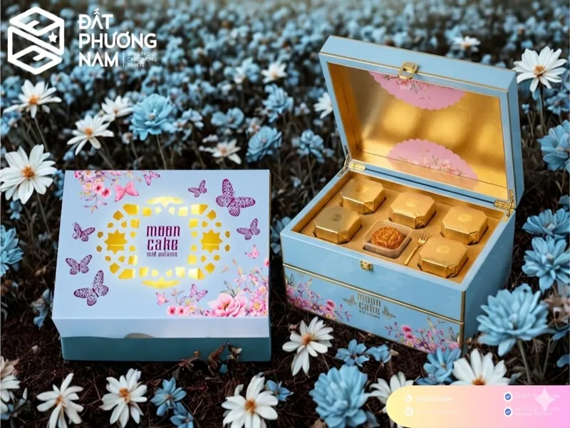 Hộp bánh trung thu nắp gấp màu vàng họa tiết chim hạc và hoa cúc