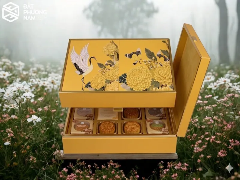 Hộp bánh trung thu nắp gấp màu xanh họa tiết cánh bướm tinh tế