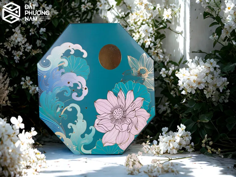 Hộp gỗ đựng bánh trung thu bát giác xanh ngọc sen trắng tinh tế