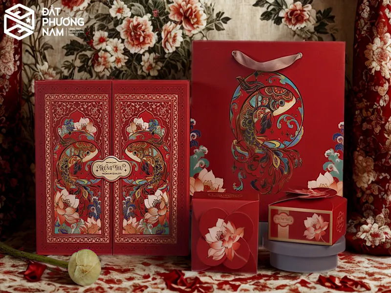 Hộp gỗ đựng bánh trung thu Cá Chép và hoa Mẫu Đơn đỏ