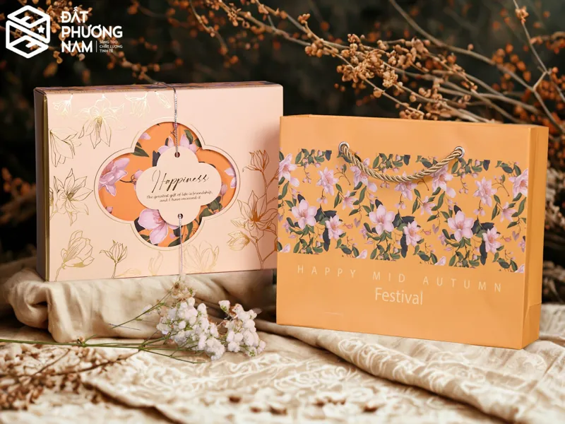 bộ combo hộp đựng bánh trung thu cao cấp màu xanh dương có túi giấy khay vàng