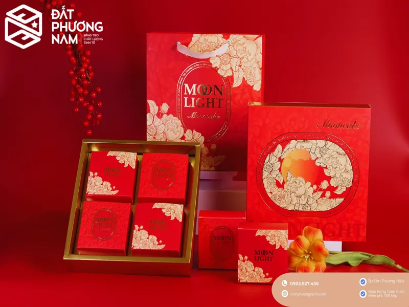 In hộp đựng bánh trung thu số lượng lớn bộ Moonlight màu đỏ sang trọng hiện đại
