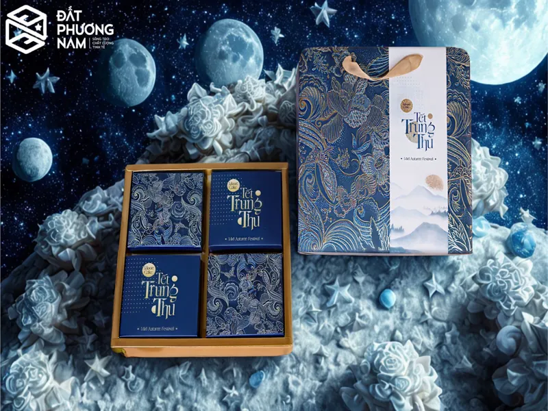 In logo lên hộp đựng bánh trung thu màu xanh đen họa tiết hoa văn cổ điển cho doanh nghiệp