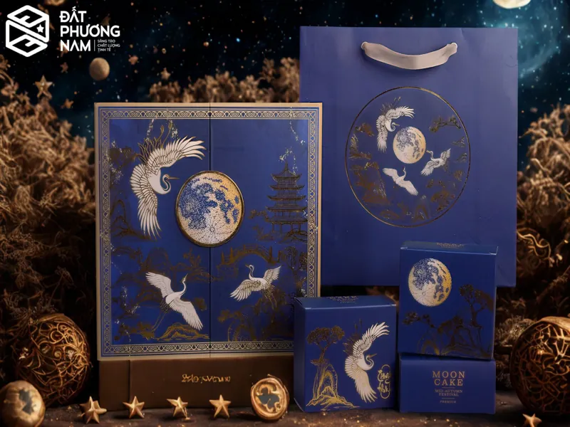 In logo lên hộp đựng bánh trung thu màu xanh dương họa tiết trăng rằm và chim hạc đẳng cấp