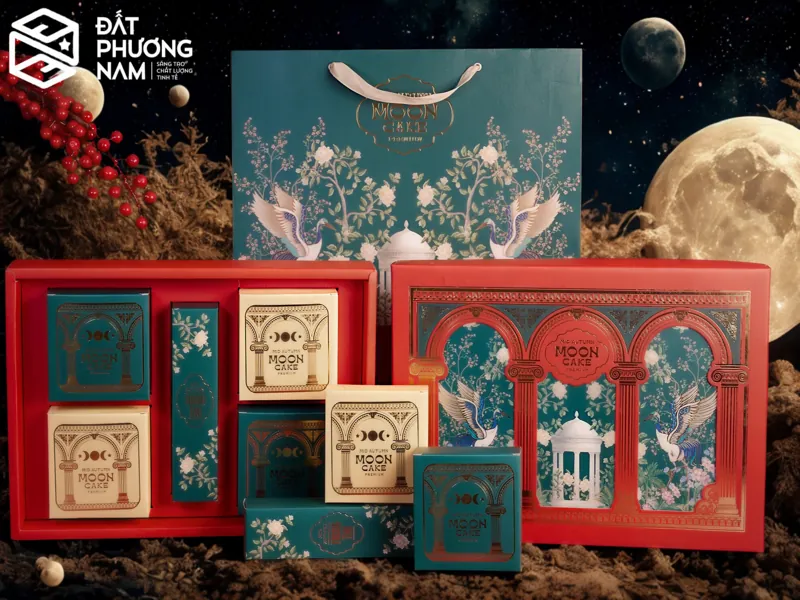 In logo lên hộp đựng bánh trung thu màu xanh lục họa tiết trụ cột sang trọng