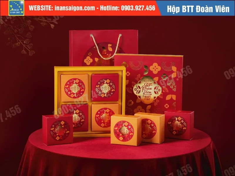 Kích thước hộp đựng bánh trung thu phù hợp mẫu hộp đỏ vàng Tết Đoàn Viên 4 bánh