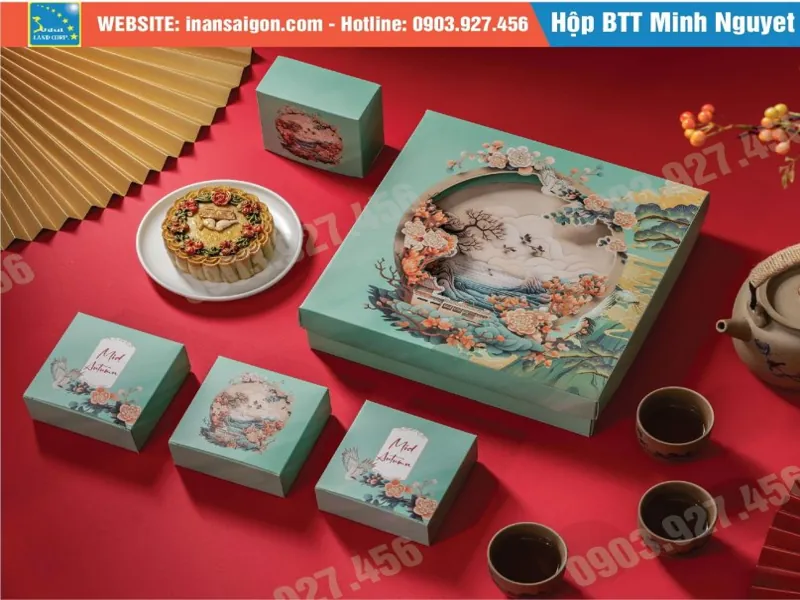 Kích thước hộp đựng bánh trung thu phù hợp mẫu Minh Nguyệt xanh ngọc cao cấp