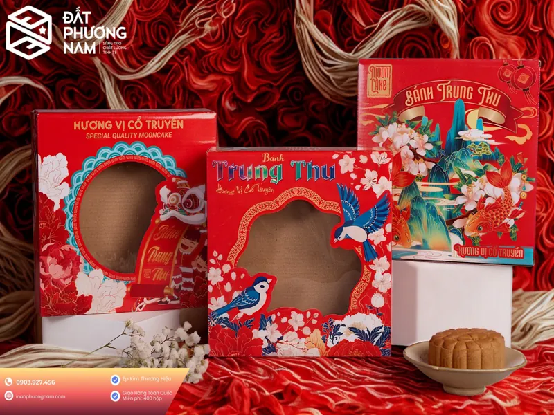Set hộp quà trung thu cho công ty đảm bảo sự đồng nhất về nhận diện thương hiệu giữa vỏ hộp và túi giấy đi kèm