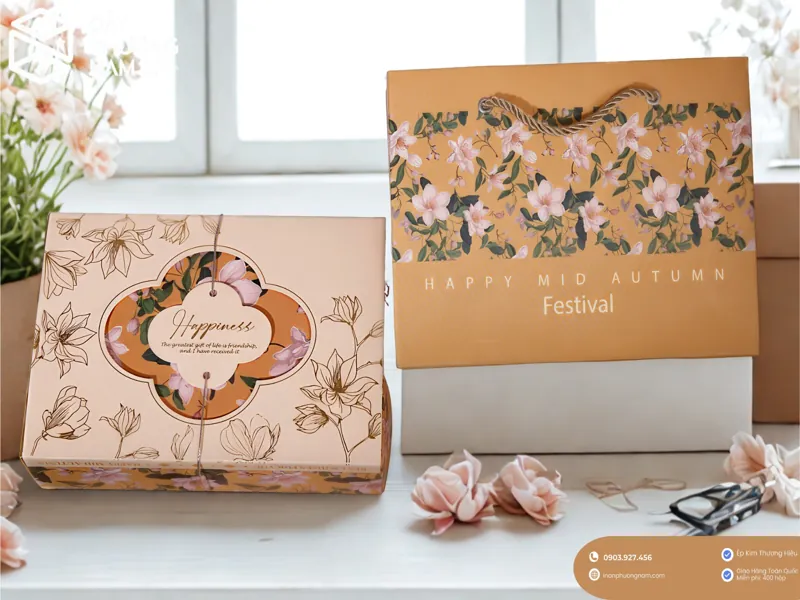 Mẫu hộp bánh trung thu 6 bánh màu vàng Happiness thanh lịch