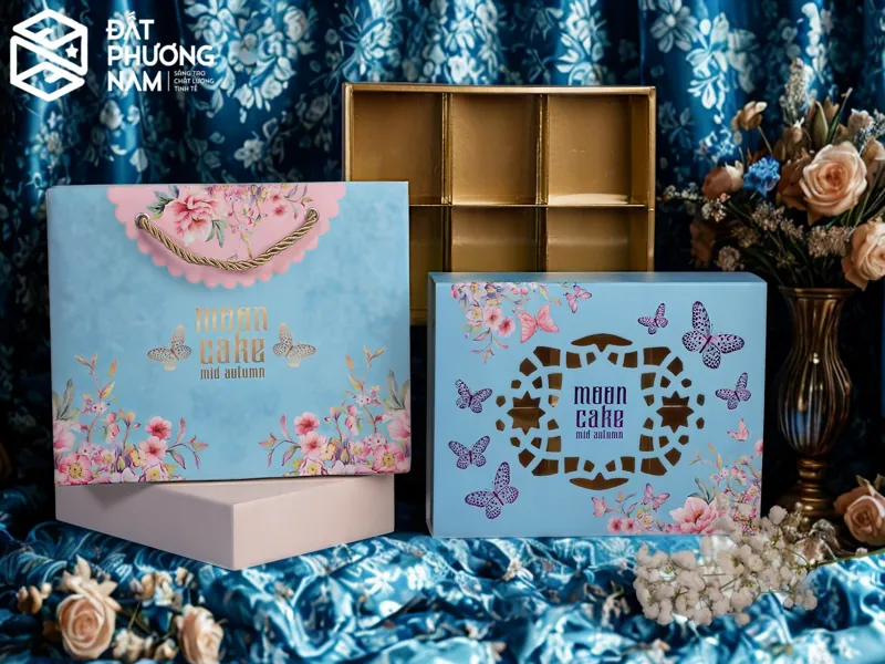 Mẫu hộp bánh trung thu 6 bánh màu xanh hoa bướm đẹp