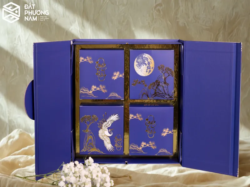 Mẫu hộp bánh trung thu cao cấp ép kim độc bản màu xanh dương