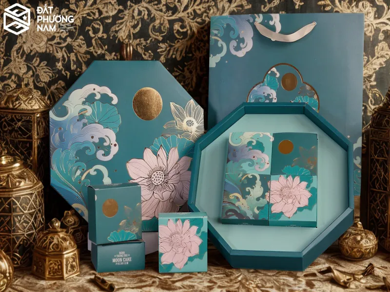 Thiết kế hộp đựng bánh trung thu hình bát giác màu xanh ngọc độc đáo 2026