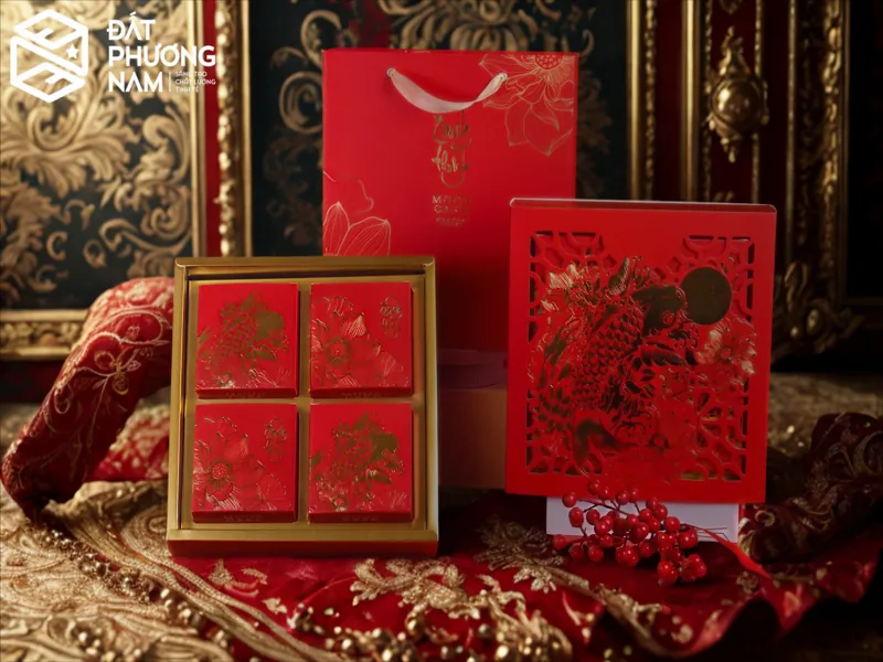 Hộp đựng bánh trung thu in logo ép kim màu đỏ rực rỡ thu hút khách hàng