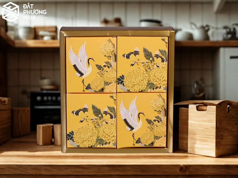 Cách chọn màu sắc khi in hộp bánh trung thu màu vàng hoàng gia với hình ảnh chim hạc quý phái