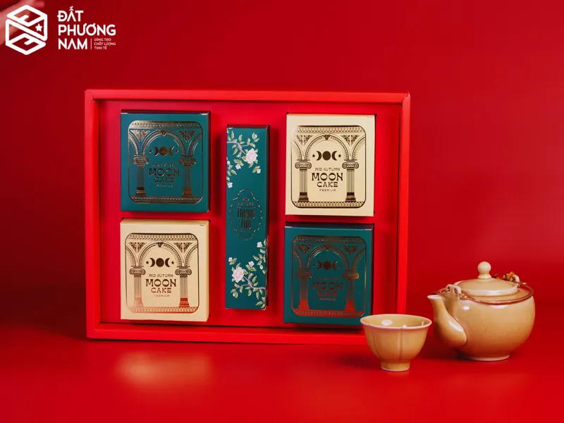 Cách chọn màu sắc khi in hộp bánh trung thu phối màu xanh rêu và màu kem đẳng cấp