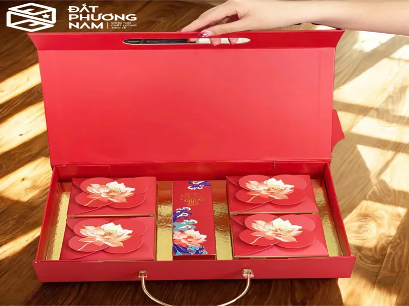 Quy trình sản xuất hộp bánh trung thu cao cấp chi tiết khay đựng sen đỏ