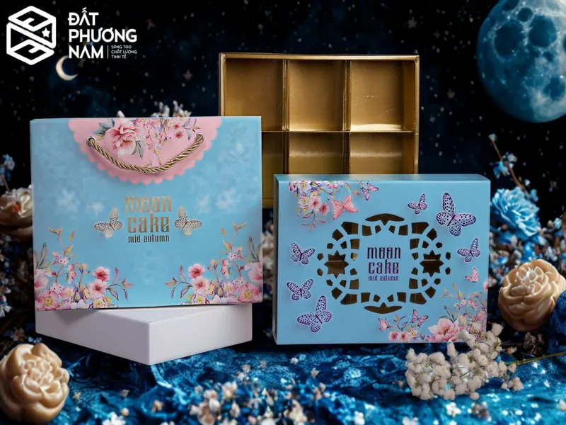 Sản xuất hộp bánh trung thu cao cấp màu xanh ngọc hoa đào bướm