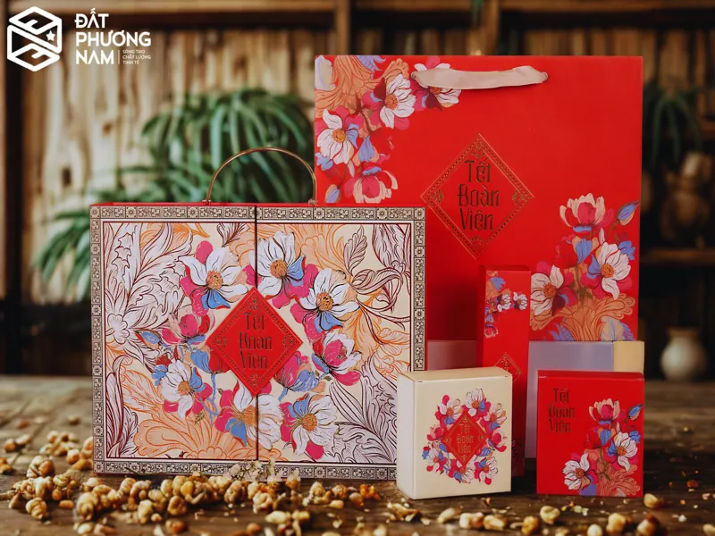 Túi giấy đựng bánh trung thu Tết Đoàn Viên màu đỏ