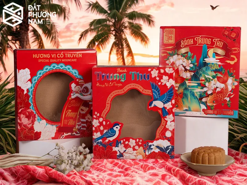 Mẫu thiết kế bao bì bánh trung thu cao cấp màu đỏ truyền thống in họa tiết chim và hoa sen nổi bật