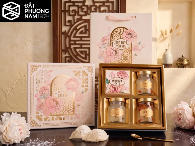 Bộ quà tặng đồng bộ túi giấy hộp đựng yến cao cấp màu trắng