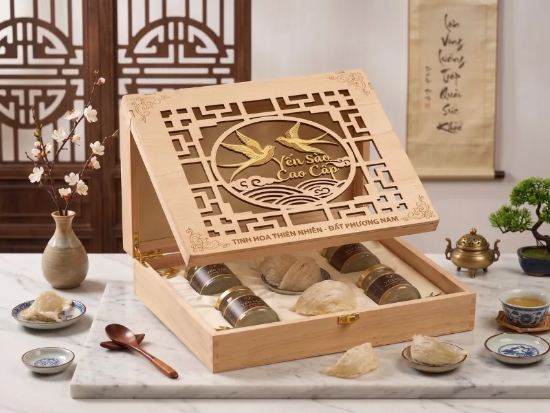 Chất liệu gỗ khắc laser sang trọng hộp đựng yến cao cấp