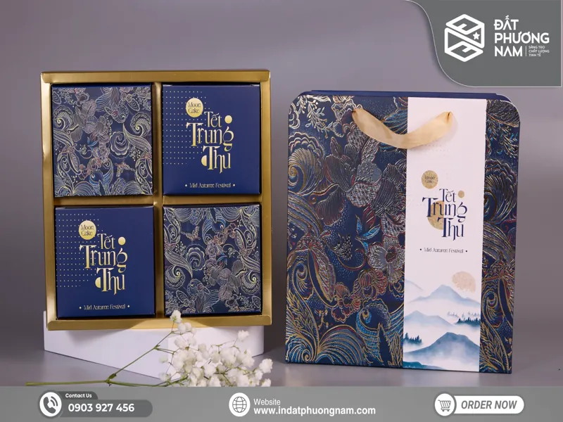 Gia công in hộp bánh trung thu OEM/ODM cao cấp màu xanh dương