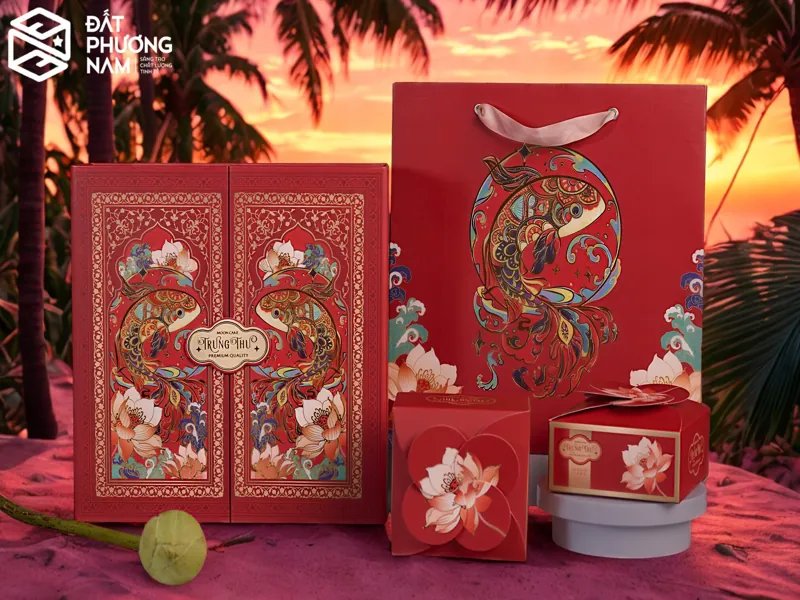Hộp trung thu đỏ cá chép hoa sen so sánh hộp carton lạnh vs hộp gỗ vs hộp da