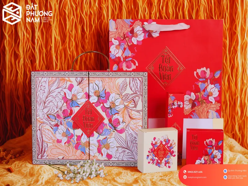 Mẫu họa tiết hoa lan phú dung combo hộp túi phụ kiện trung thu doanh nghiệp