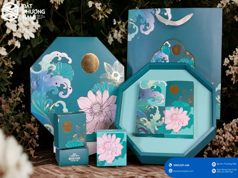 Mẫu hộp bát giác xanh Teal hộp bánh trung thu theo nhận diện thương hiệu