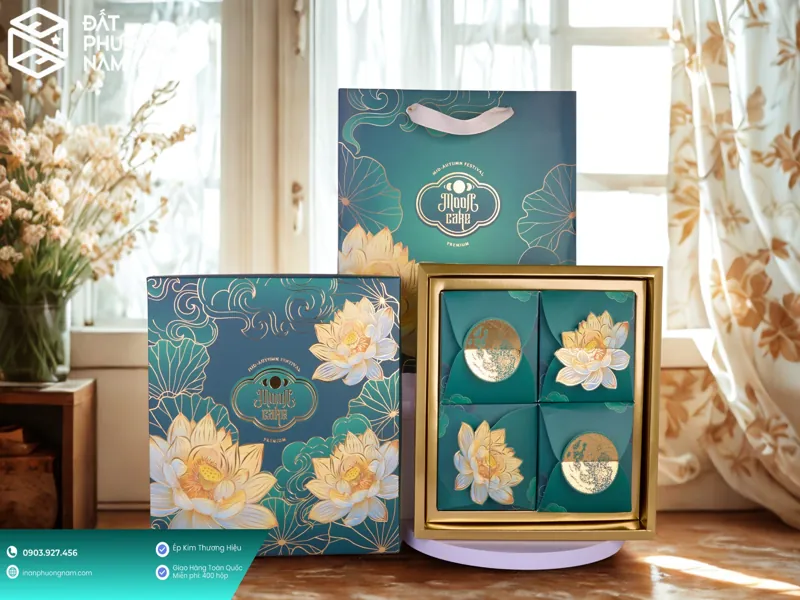 Mẫu hộp hoa sen xanh ngọc xưởng làm hộp bánh trung thu nhận đơn gấp tphcm