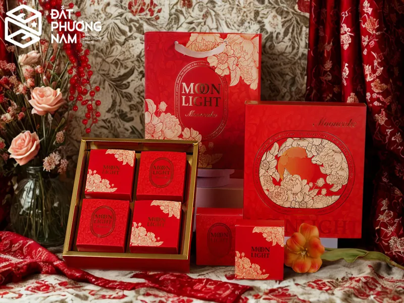 Mẫu hộp Peony Moon Light đỏ sang trọng thiết kế hộp bánh trung thu thương hiệu riêng doanh nghiệp