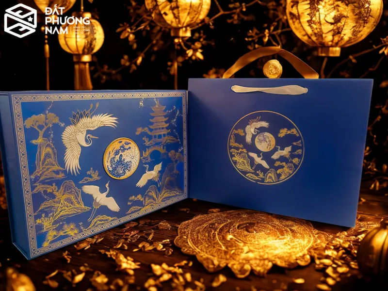 Mẫu xanh dương đậm hạc vàng - Top 10 mẫu hộp bánh trung thu cao cấp